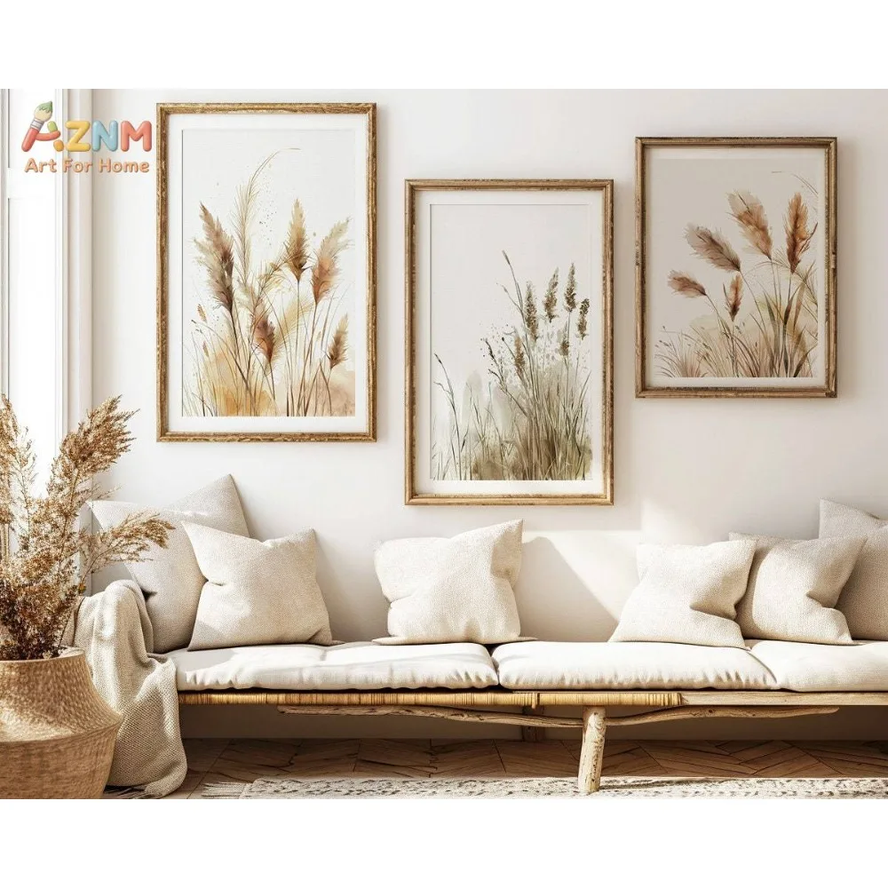 AZNM  Neutral Dried Pampas Grass Canvas Wall Art, Watercolor Wild Reed Print Frameless Canvas Painting, Boho Minimalist Home