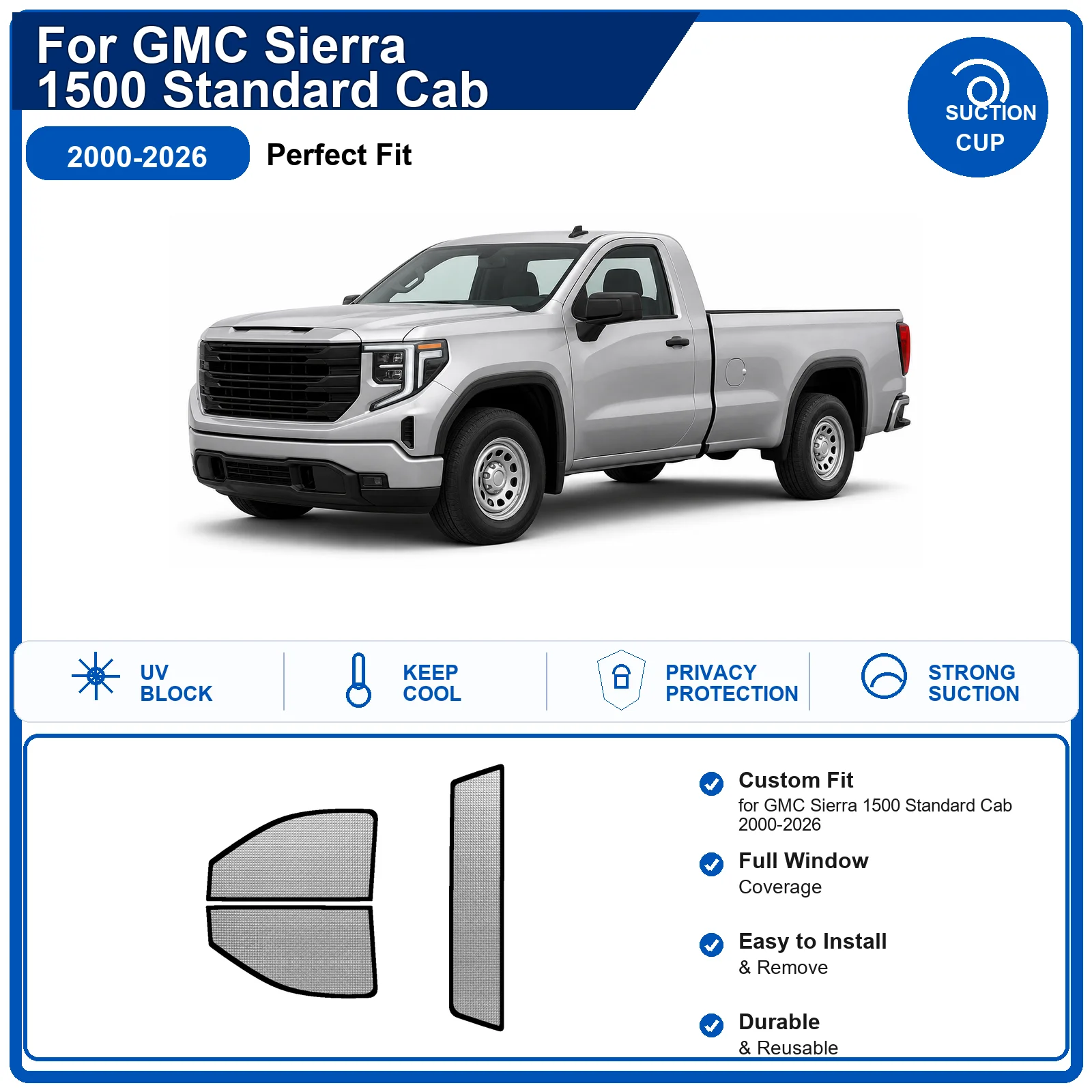 For GMC Sierra 1500 Standard Cab 2000-2026 Custom Full Set Windshield Sun Shade Aluminum Foil Heat Insulation Anti UV Foldable