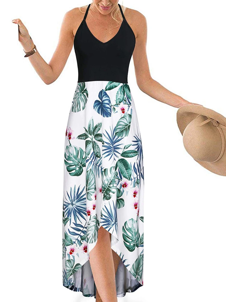 Summer Sexy Dress Split Women Spaghetti Strap Black White Floral Print V-Neck Bodycon Long Female Backless Party Beach Vestidos