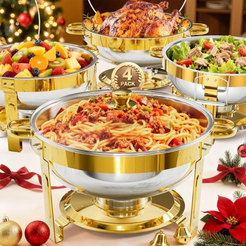 

Золотой подогреватель для блюд (чейфинг-дис) 5QT, круглый, с крышкой из стекла и подставкой, штабелируемый, для кейтеринга, для свадеб и вечеринок