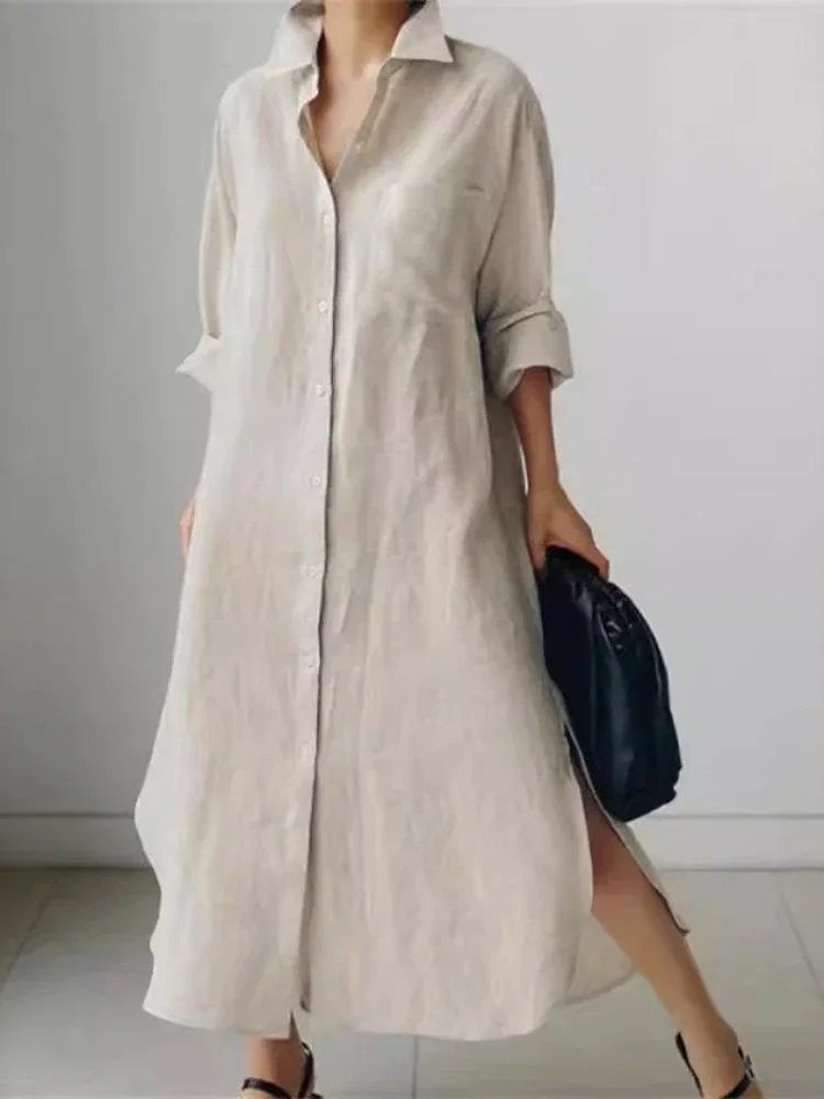 Summer Fashion New Women's Cotton Linen Dress Shirt Elegant Loose Irregular Cardigan Single Breasted Fashion Long Sleeved Dress