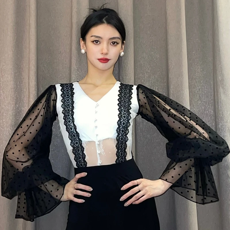 2023 Latin Dance Tops Women Black Lace Puff Sleeves Ballroom Dance Practice Clothing Adult Waltz Dance Clothes Leotards BL11976