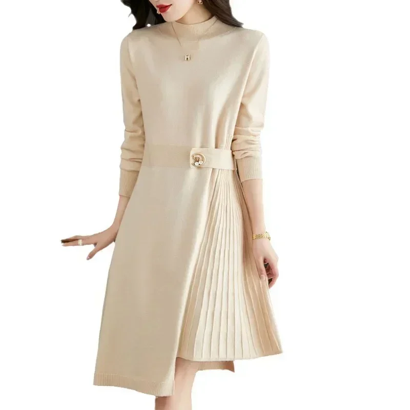 2024 New Semi High Neck Elegant Woolen Dress for Women's Autumn and Winter New Look Slim, Medium Long Base Knitted Dress