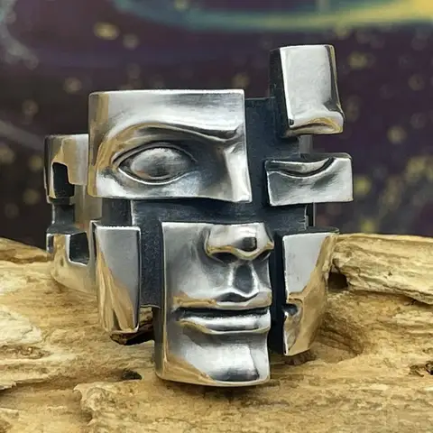 Retro Abstract Falling Apart Face Ring For Men Women Silver Color Punk Gothic Open Ring Designer Jewelry Accessories Art Gift
