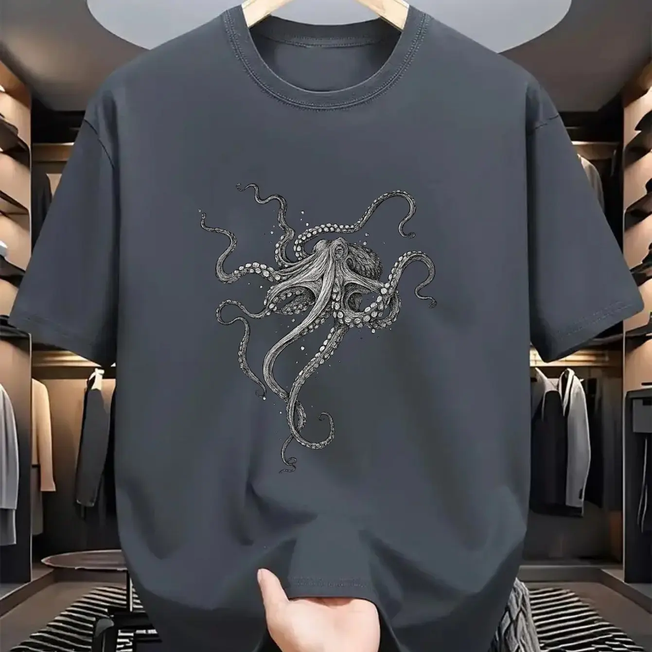 Men Vintage Octopus Print T-Shirt - Hand-Drawn Style Breathable Comfortable Casual Short Sleeve Round Neck Tee for Beach