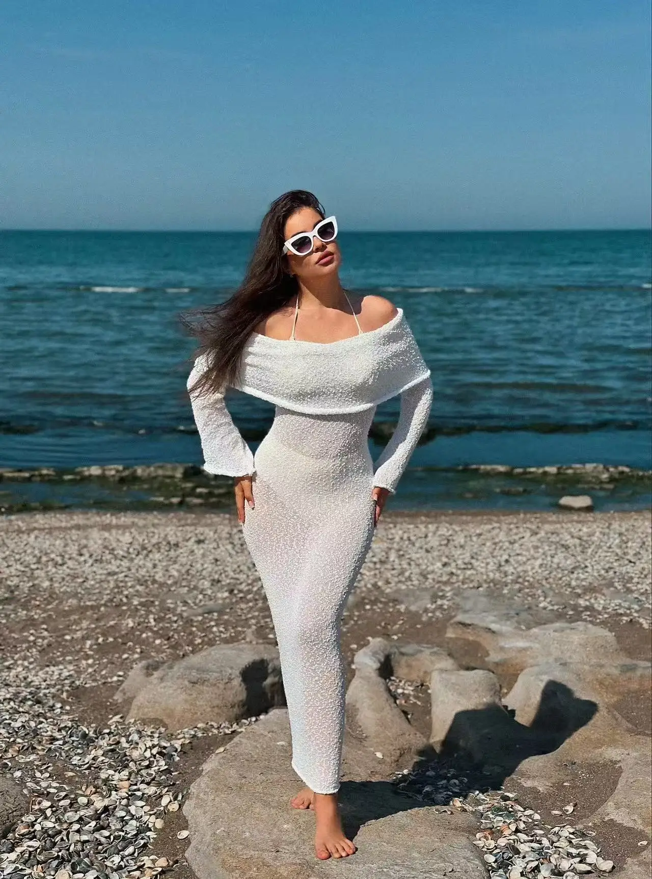 

Long Sleeve Sexy Hollow Out Knitted Dresses Women Elegant Off Shoulder Knit Long Dress Party Evening See Through Robe Vestidos