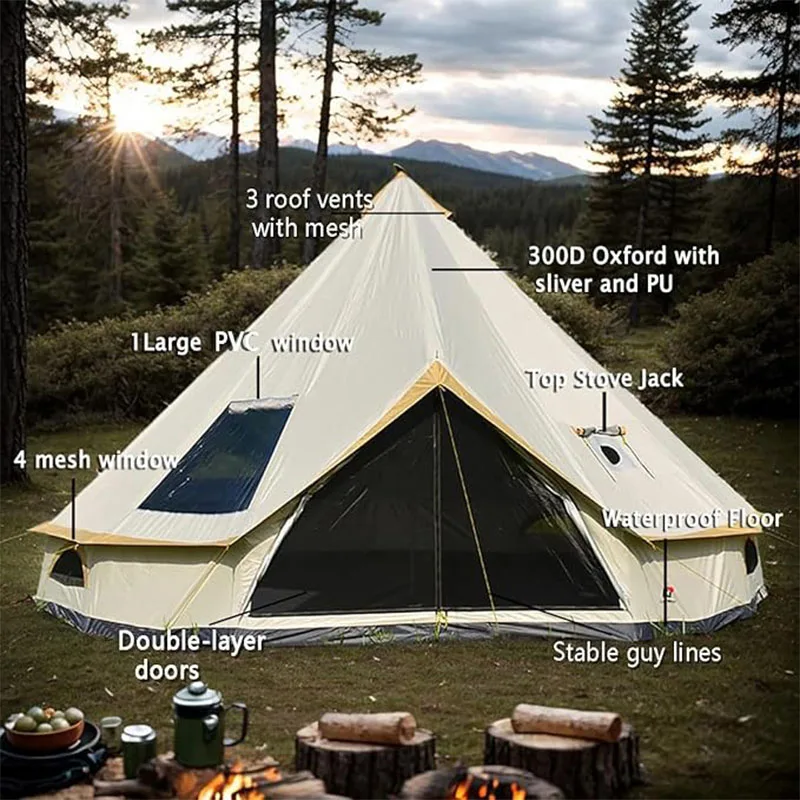 Waterproof 300D Oxford Backpacking Bell Tent with Top Stove Jack for All-Year Camping Glamping Yurt Tent House