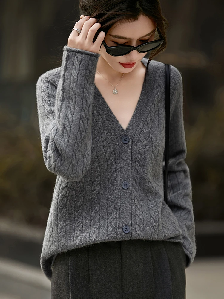 Women's V-Neck Wool Cardigan Sweater Jacket Twisted Flower Design Retro Loose Fit 100% Pure Wool Knitted Autumn Winter