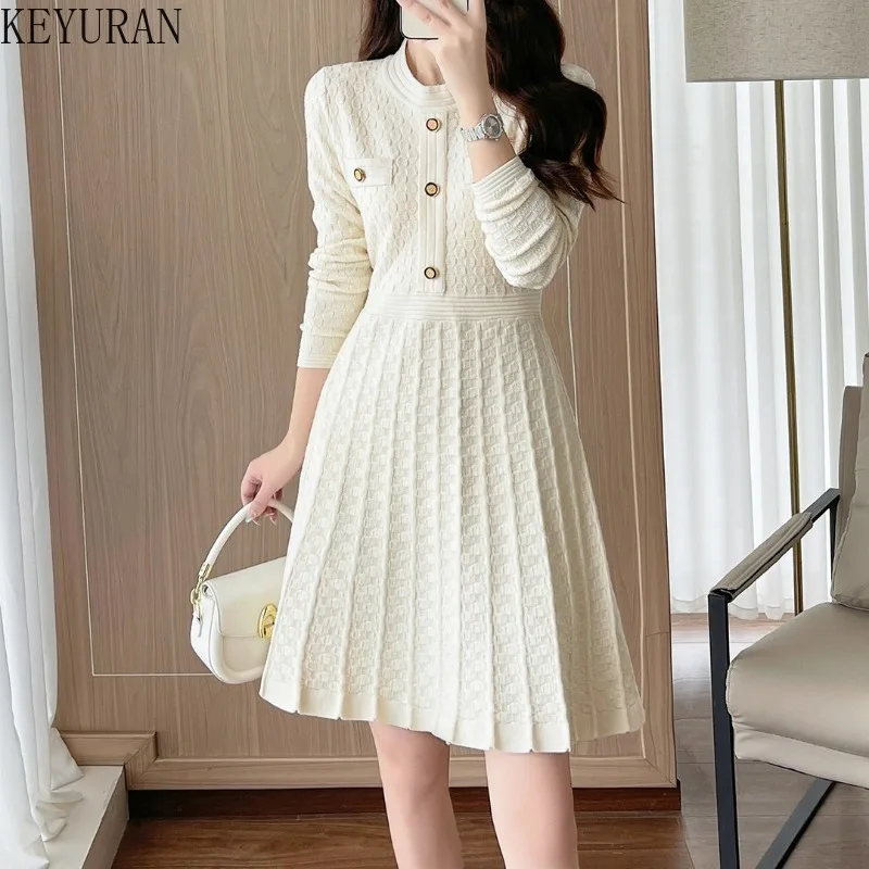 

Осенне-зимнее корейское вязаное платье миди, женское модное платье-свитер с круглым вырезом, длинными рукавами, завышенной талией и А-силуэтом, Vestidos De Mujer