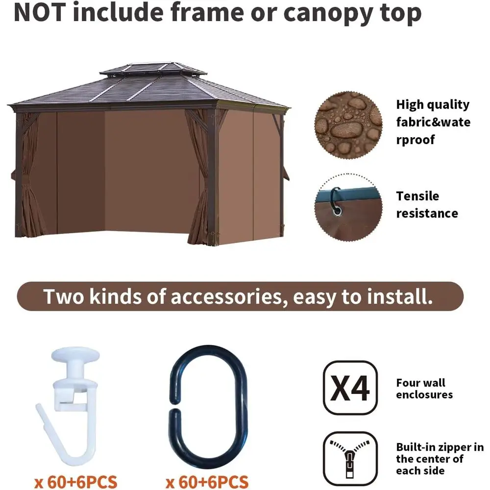 Wasserdichte Pavillon-Vorhänge für den Außenbereich, 10 x 12 Fuß, 4-teiliges Sichtschutzset mit Reißverschluss, für Garten und Terrasse (braun)