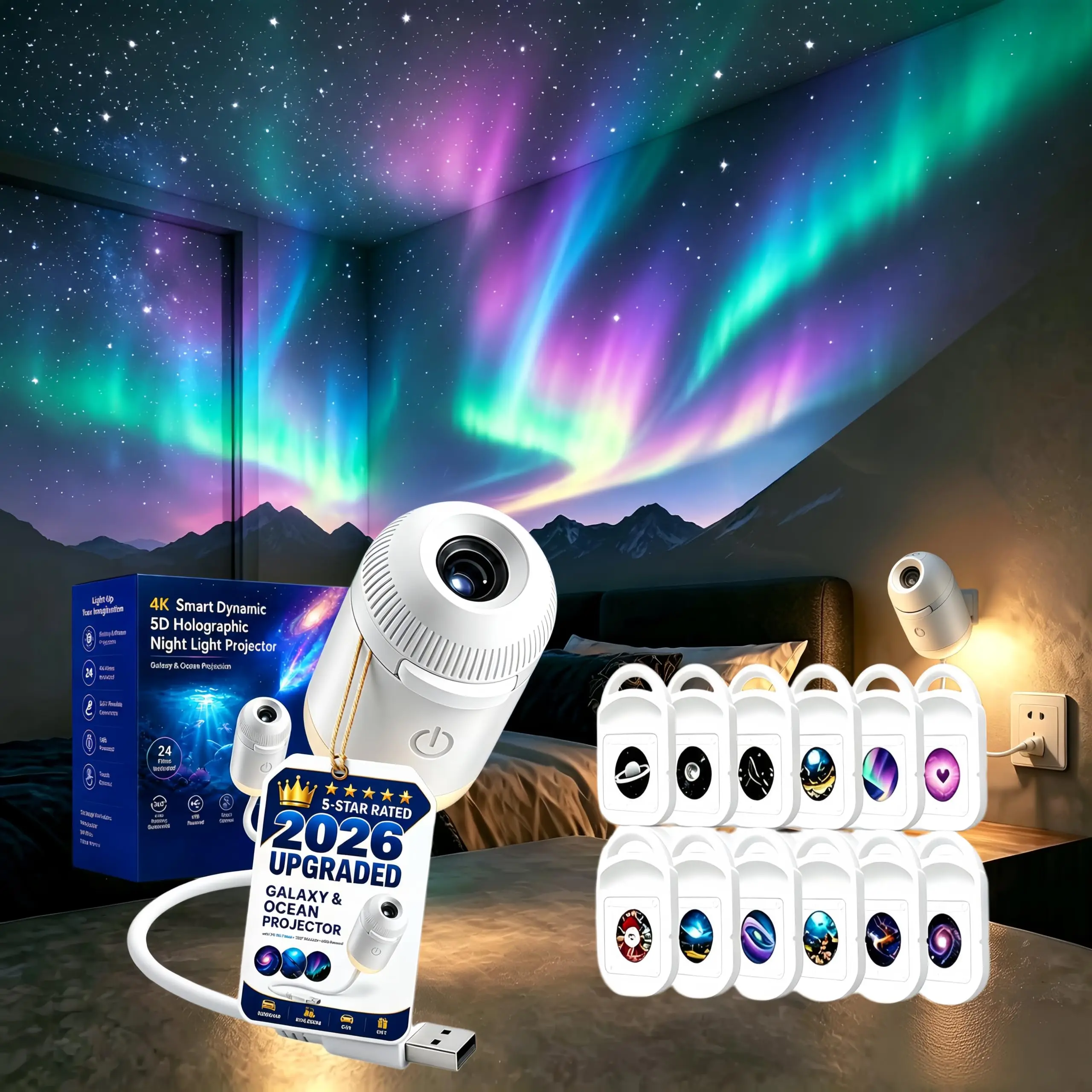 HD 2-in-1 Smart Dynamic 5D Holographic Night Light Projector 360 Rotating Galaxy Light Star Projectors USB Powered Plug and Play