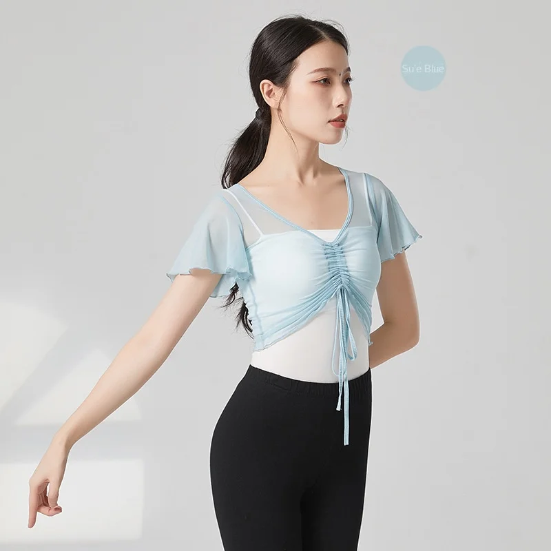 

Женские балетные топы для взрослых, классическая танцевальная одежда с сетчатыми вставками, коротким рукавом и завязками, для танцев на открытом воздухе