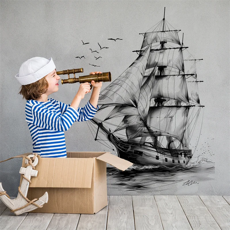 

Ocean Seagull Sail Boat Wall Sticker Living Room Kids Nursery Sketch Sailboat Seagull Beach Surf landscape Wallpaper Art Mural