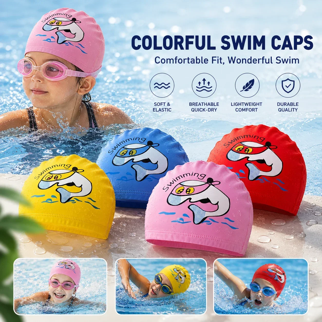 1 Stück Niedliche Badekappe aus Wasserdichtem PU-Stoff mit Cartoon-Tiermotiv Delfin, Hochelastisch, Ohrenschutz, Schwimmbadkappe