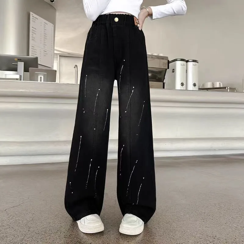 Kids Wide-Leg Jeans Winter Outerwear Fleece-Lined Thermal Insulation High Long Pants for Tween Girls Double-Layered Thickened