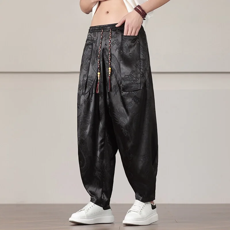 

Мужские черные брюки-шаровары с жаккардовым узором в виде дракона, в китайском стиле, на шнурке, свободного кроя, повседневные