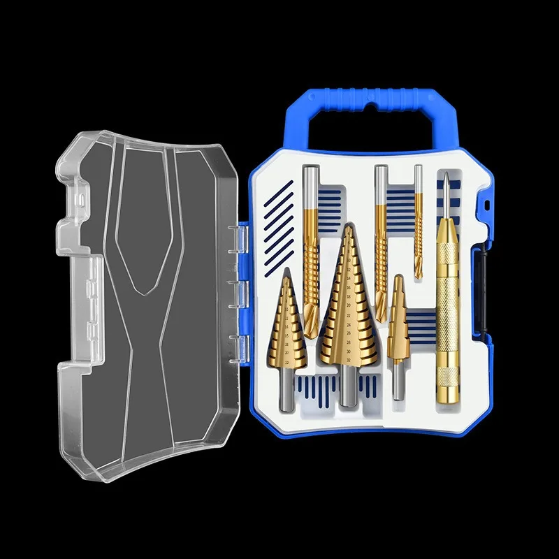 

7-piece Titanium Coated HSS Step Drill Bits, Sawtooth & Center Punch, Blue Plastic Case For Storage & Organization
