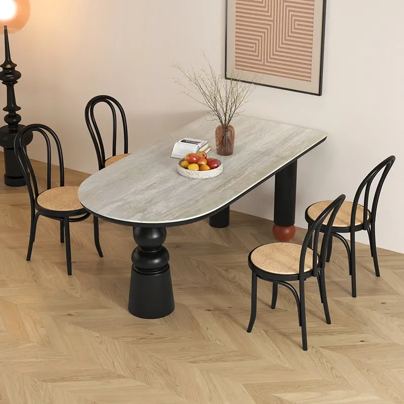 French Retro Solid Wood Dining Table with Rock Slab Top Semi Oval Island Designer Creative High End Small Apartment Furniture