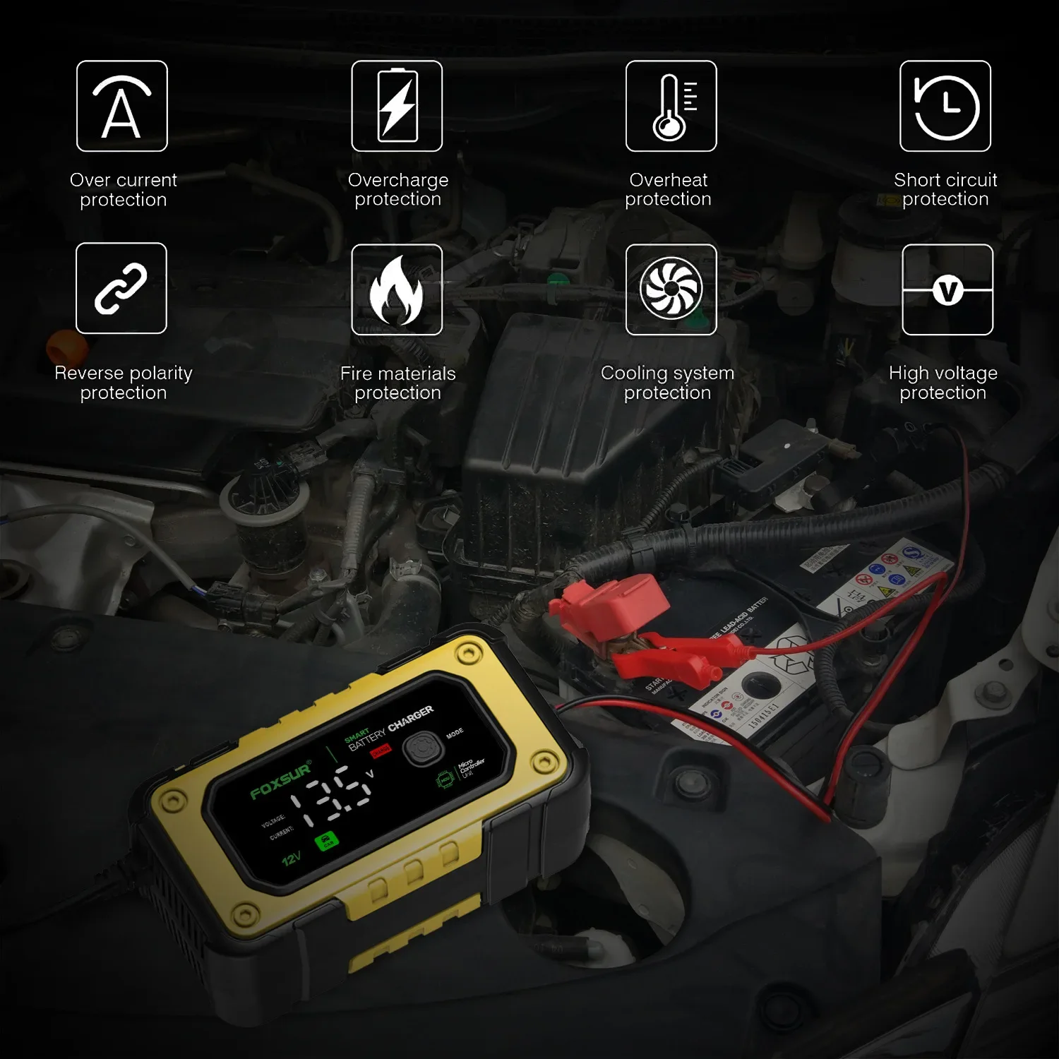 FOXSUR 12V 7A FBC1207E Universal Repair Car Battery Charger Intelligent Repair Motorcycle Charger for lead Acid LiFePO4 Battery - view 5