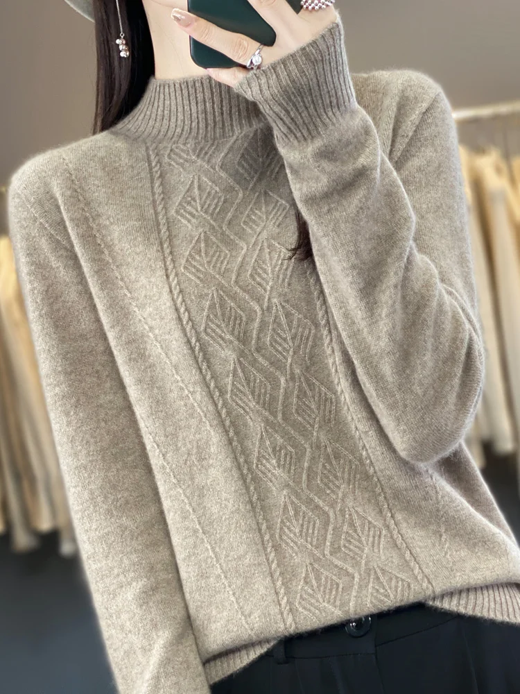 

Yoyoselect Autumn Winter Women 100% Merino Wool Sweater Seamless Mock Neck Pullover Basic Casual Jumper Cashmere Tops Clothing