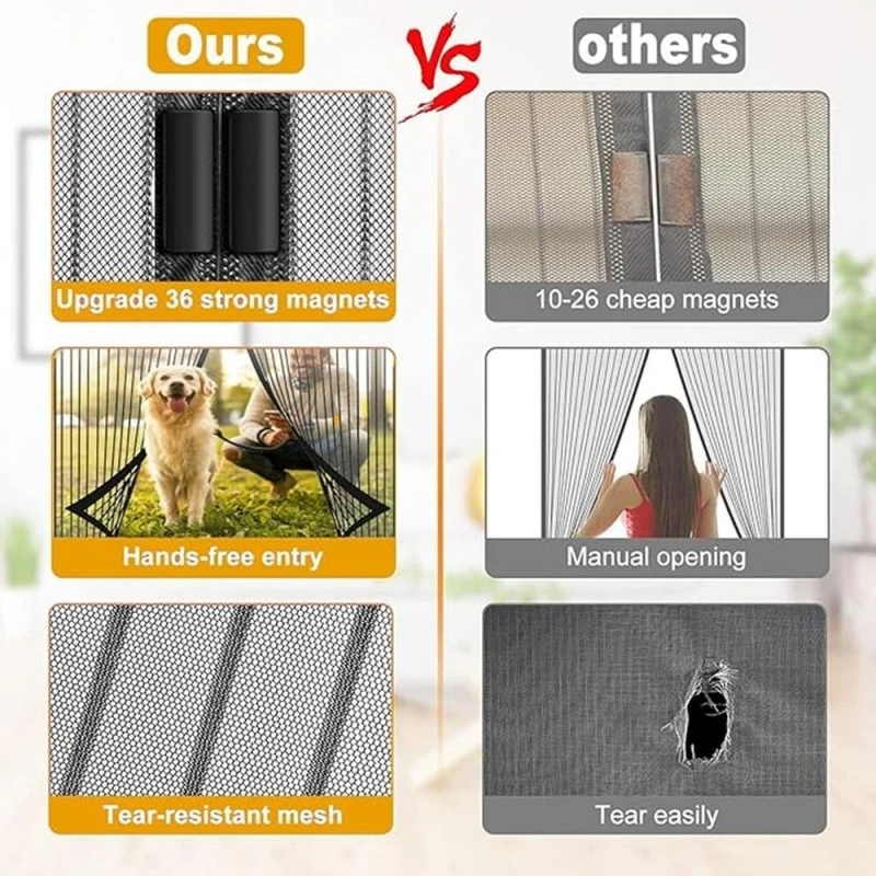 Heavy duty polyester magnetic mesh door, self closing insect screen, simple for kitchen and living room use