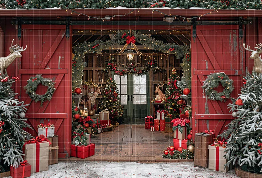 Mehofond Photography Background Winter Christmas Red Barn Door Xmas Tree Kid Family Holiday Portrait Decor Backdrop Photo Studio