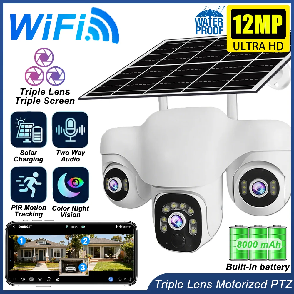 Triple Lens Solar Camera WiFi Outdoor RIP Motion Sensor Waterproof Night Vision Motion Tracking For Home Security Camera