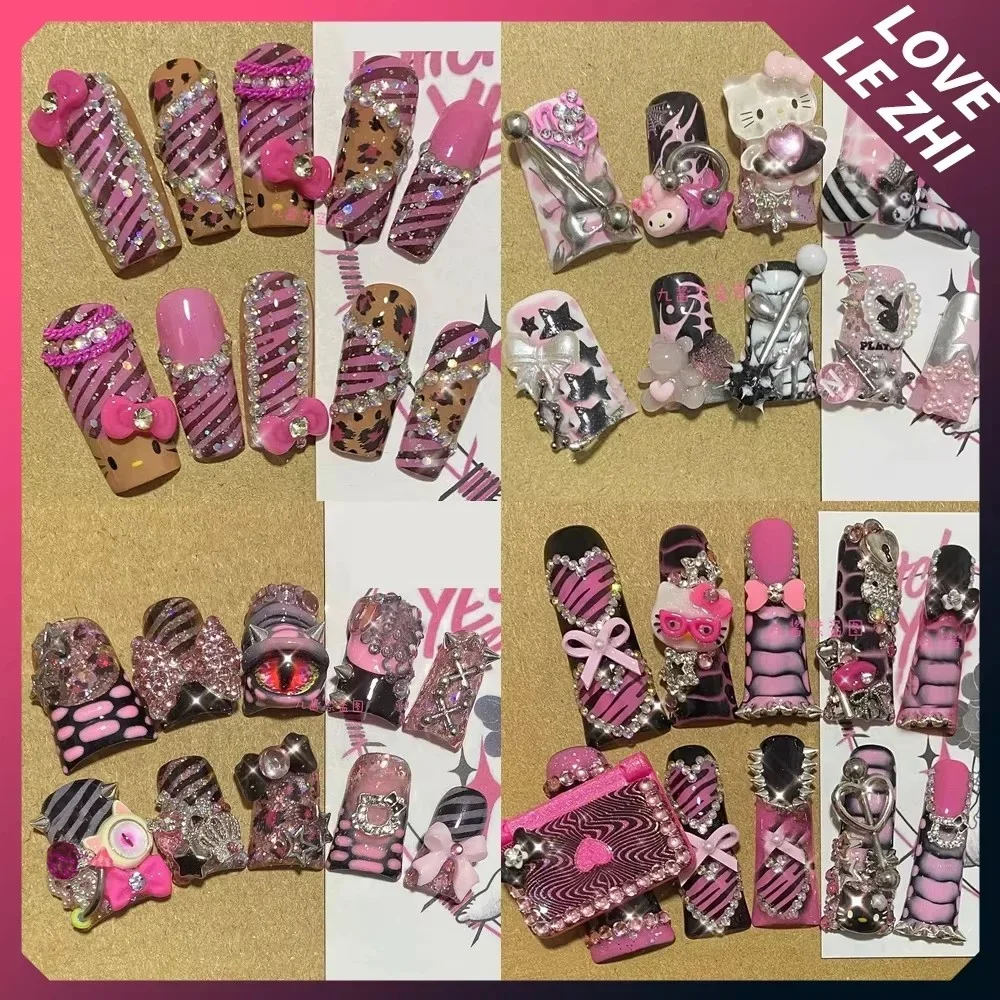

Y2K Hello Kitty Long Duck Square Punk Rivet Press On Nails Handmade French Leopard Print Star Lace Love Diamond Fake Nails Gift