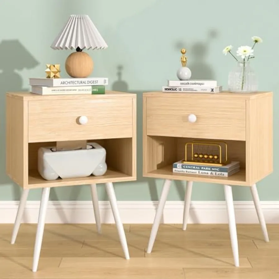 

Nightstands Set of 2 Mid Century Modern End Bedside Table Night Stand with Storage Drawer and 2 Tiers Open Shelf for Small Plac