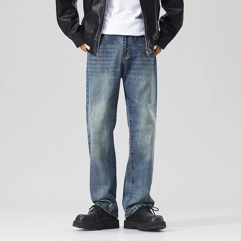 

Dark Washed Men's Denim Jeans Streetwear Loose Straight Leg American Vintage Casual Wide Pants Plus Size 40
