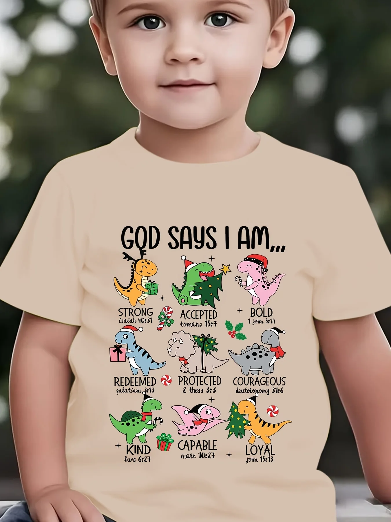 Kids Dinosaur Scripture Short‑Sleeve Tee, God Says I Am Loved Strong, Retro Casual Holiday Boys Top