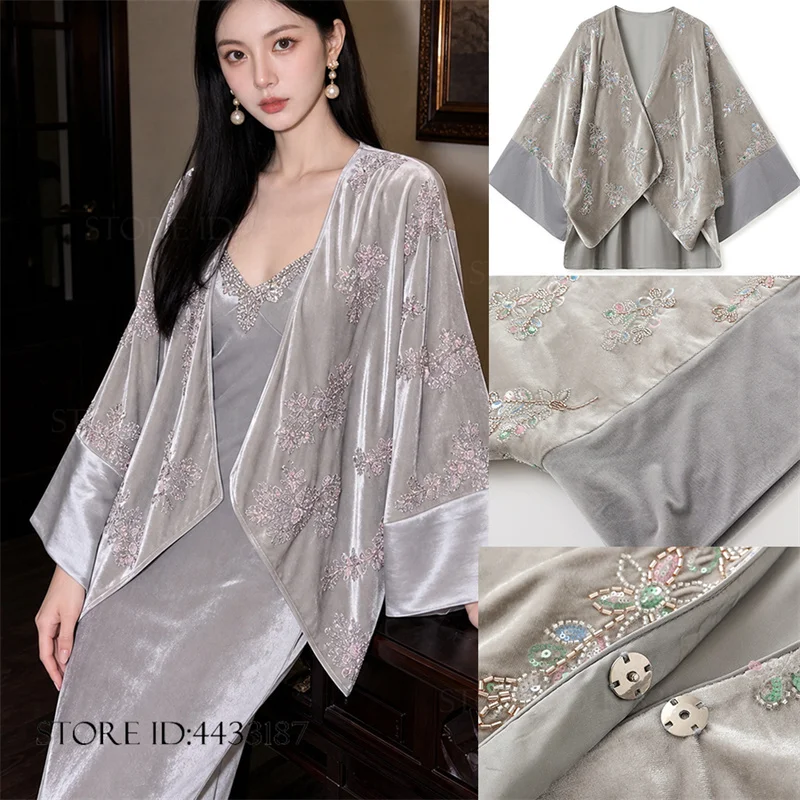 new-chinese-style-japanese-kimono-cardigan-yukata haori luxury-embroidery-beading-women's-hanfu-jacket-coat-velvet-outwear-dress
