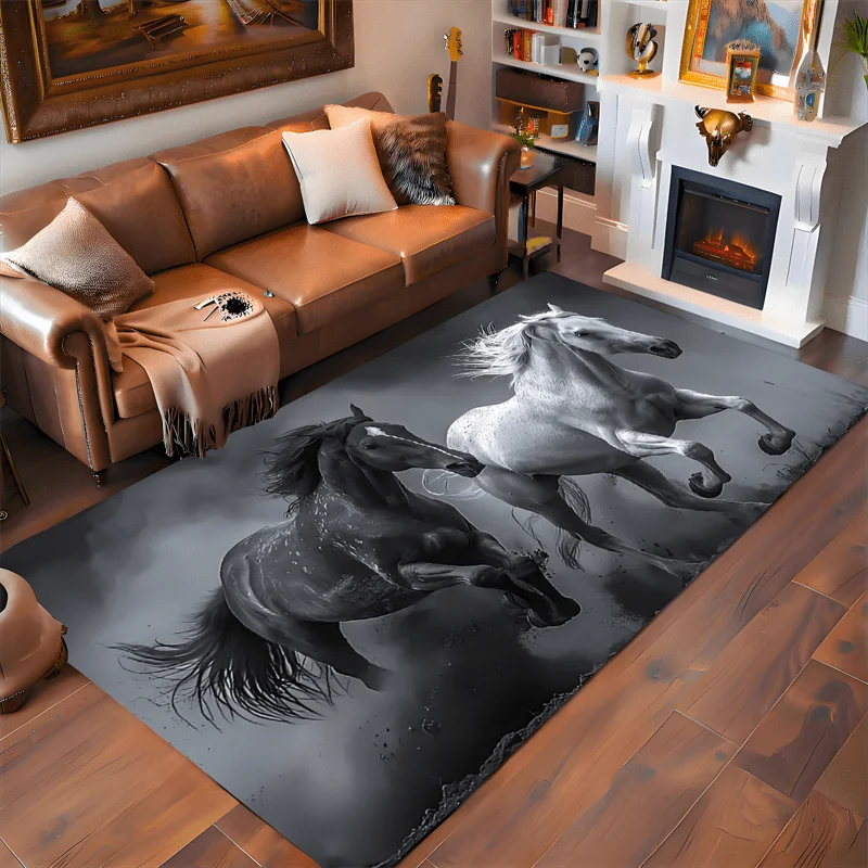 Large Running Horse Area Rug Black and White Equestrian Art Mat for Modern Living Room Stallion Decor Home Floor Runner