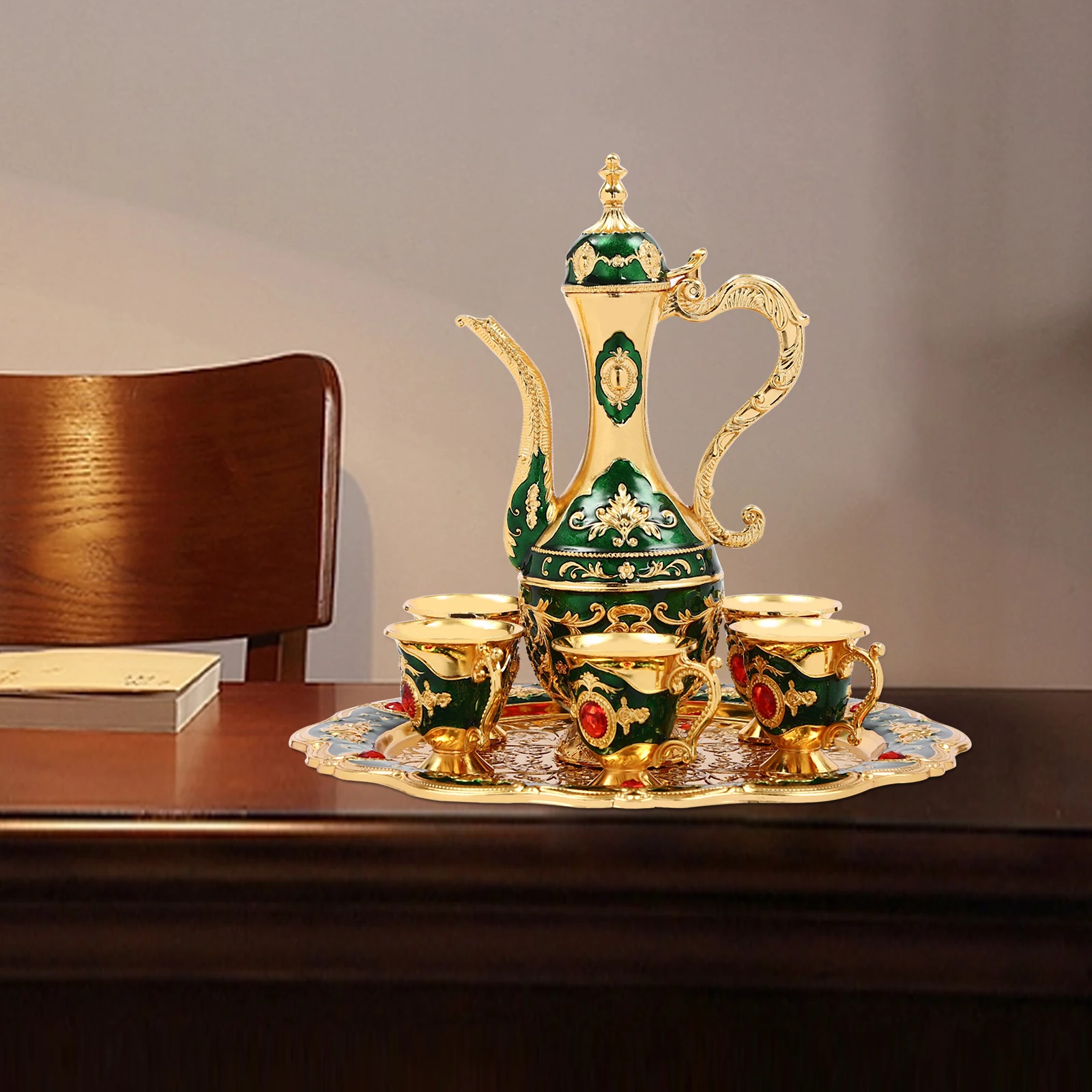 

Vintage Extra Large Turkish Coffee Pot with 6 Cups ,Metal Luxury Moroccan Tea Glasses for Home Decor Birthday Christmas Wedding