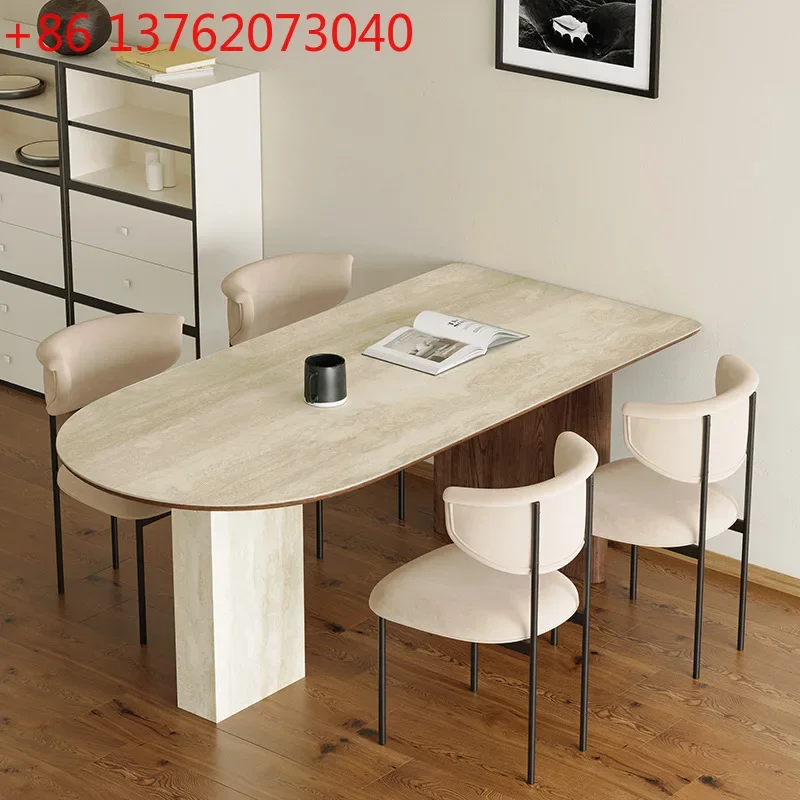

French retro solid wood dining table travertine rock slab small apartment designer creative semi-oval island dining table