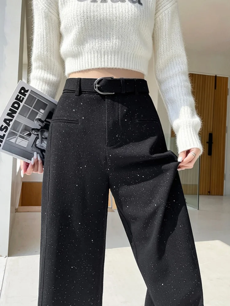 Black Sequin Suit Pants Women's High Waist Wide Leg Pants Knife  Casual Pants Commute Style Korean Version Pocket Detail