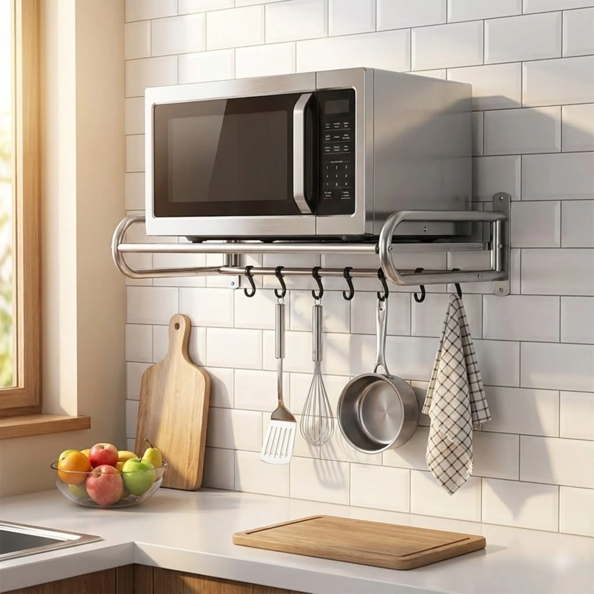

Настенная полка для микроволновой печи из нержавеющей стали, кухонная полка для хранения, органайзер с 6 крючками, сверхмощная, емкость 20 кг