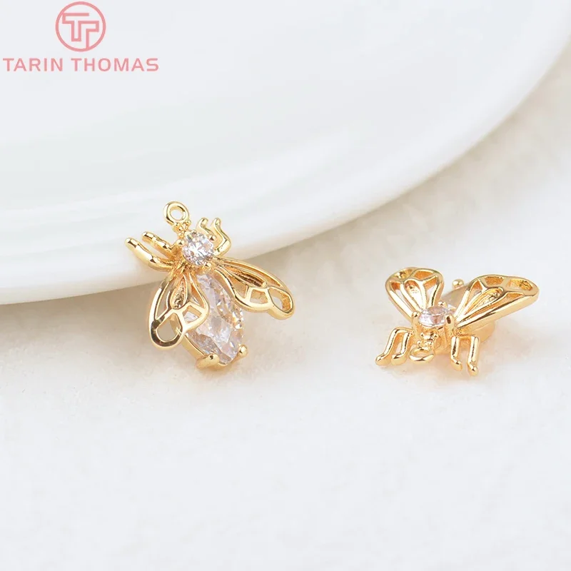 (869)4PCS 14x15MM 24K Gold Color Plated Brass with Zircon Butterfly Insect Charms Pendants High Quality Jewelry Accessories