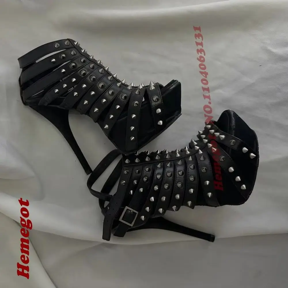Platform Cut Out Rivet Buckled Women's Sandals Punk Rock Studded Stiletto Heels Sandals Peep Toe Black Gothic Runway Shoes Sexy