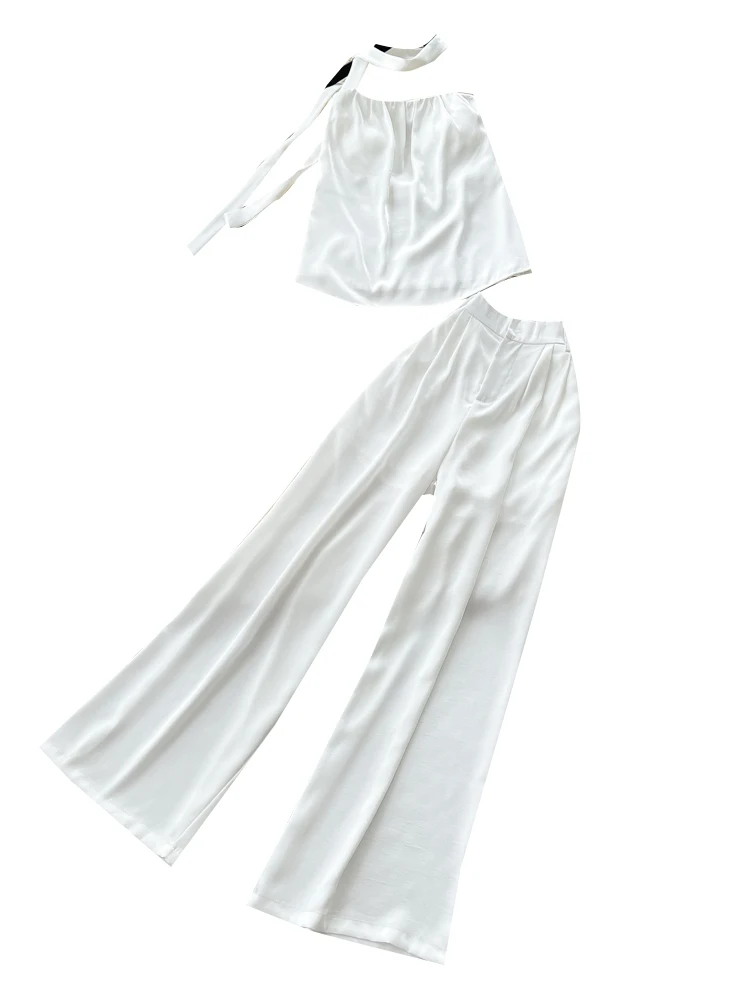 Minimalist Neckline High Waist Wide Leg Pants Two-Piece Set Women Summer Elegant Slimming Commute Ensemble Casual Workwear