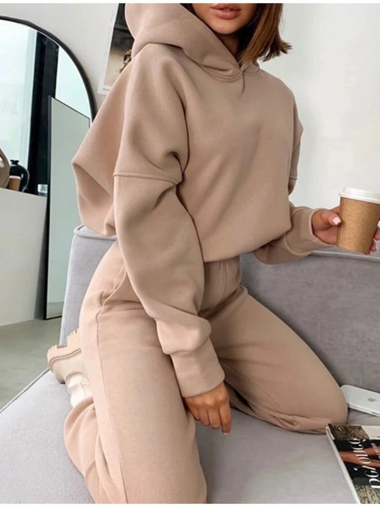 

Весенний спортивный костюм для женщин, комплект из двух предметов - худи оверсайз и спортивные штаны, однотонный спортивный костюм | Повседневный комплект из свитшота и брюк