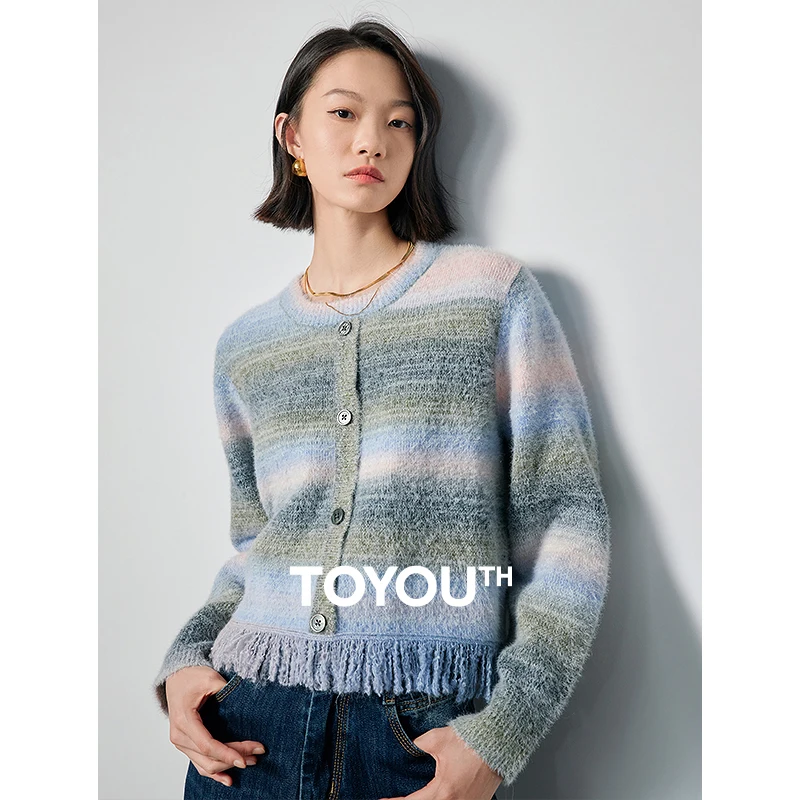 

TOYOUTH Women Gradient Cardigan 2024 Spring New Color Block O neck Single-breasted Button Tassel Long Sleeve Knitted Cardigan