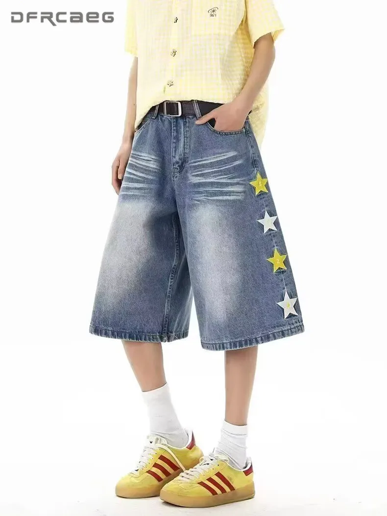 Light Blue Wash Star Embroidery Women's Denim Capri Pants Summer High Waist Wide Leg Loose Cropped Jean With Pocket