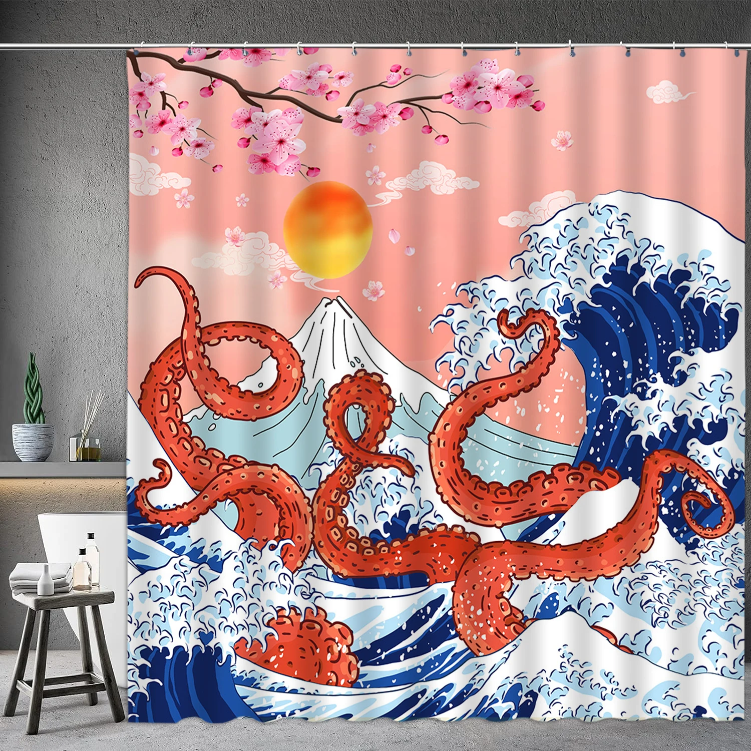 

Asian Shower Curtain Japanese Traditional Black and White Mt. Fuji Cherry Blossom Fish Waves Red Sun Octopus Bathroom Decoration