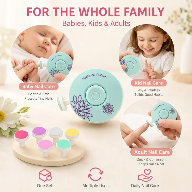 6 Heads Electric Baby Nail Trimmer Gentle Nail File Manicure Pedicure Grooming Tool for Newborn Kids Adults Family Care