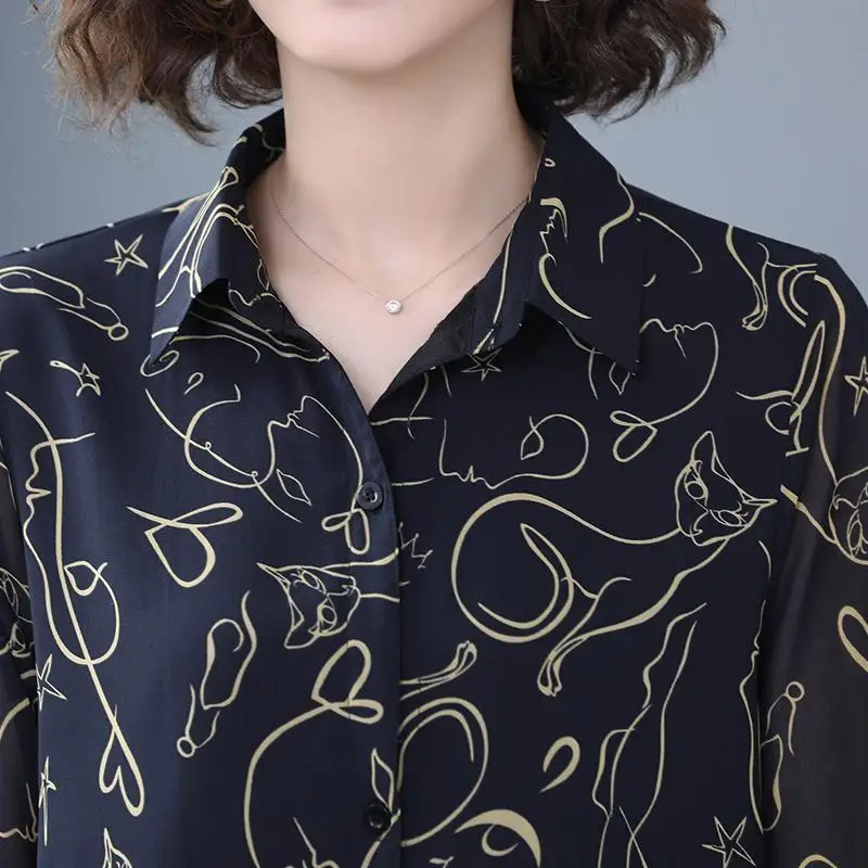 Fashion 3/4 Sleeve Print Lapel Chiffon Shirt Oversized Loose Tops Summer Autumn Women Clothing Commute Elegant Button Up Blouse