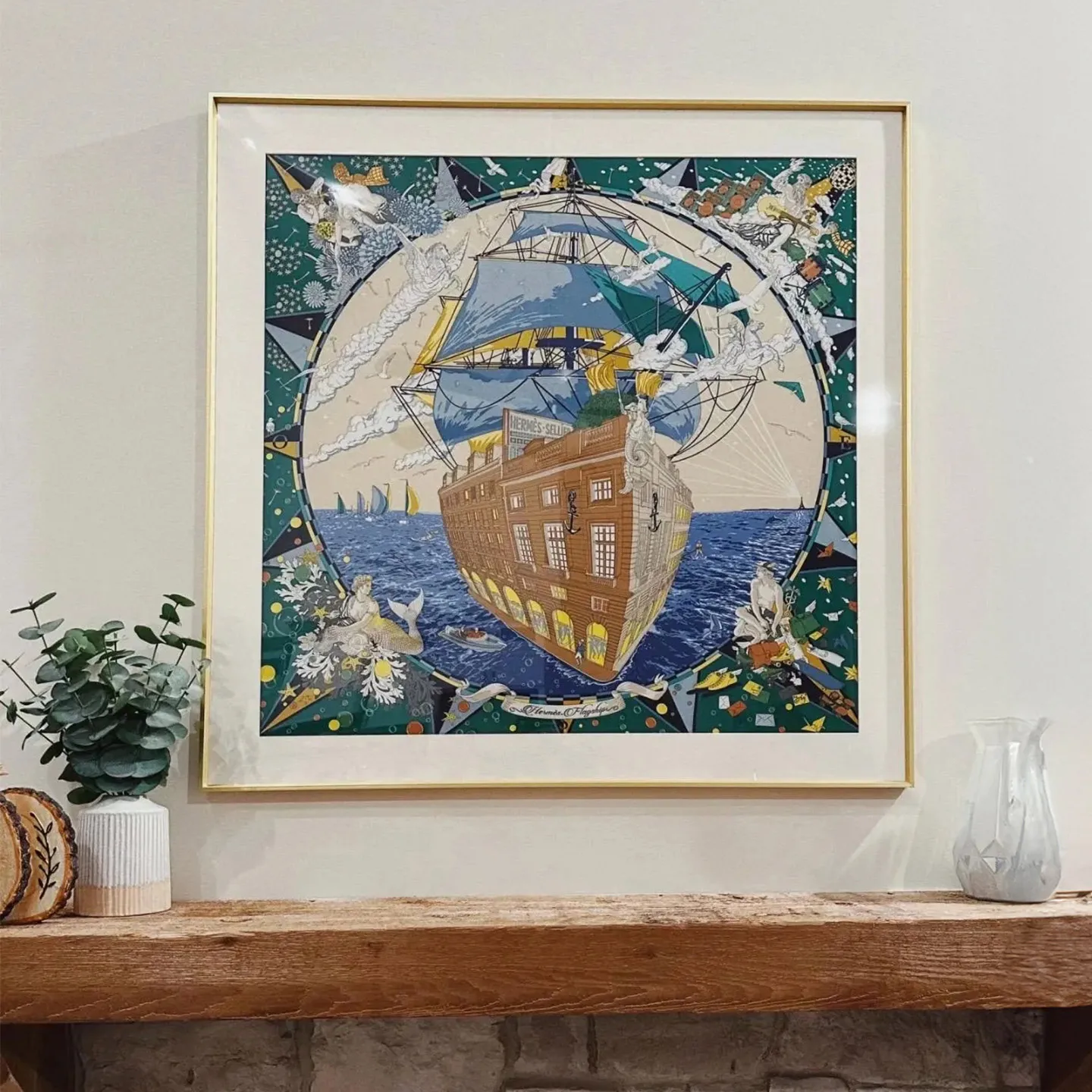 Framed Silk Scarf Wall Art Retro Nautical Sailing Ship Mermaid Pattern Silk Print Painting Luxury Textured Artwork for Villa Liv