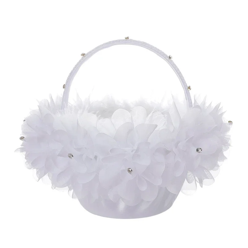 Flower Girl Basket White Small Satin Cloth Baskets with Faux Lace Flowers Decor for Wedding Ceremony Party Desktop Decor