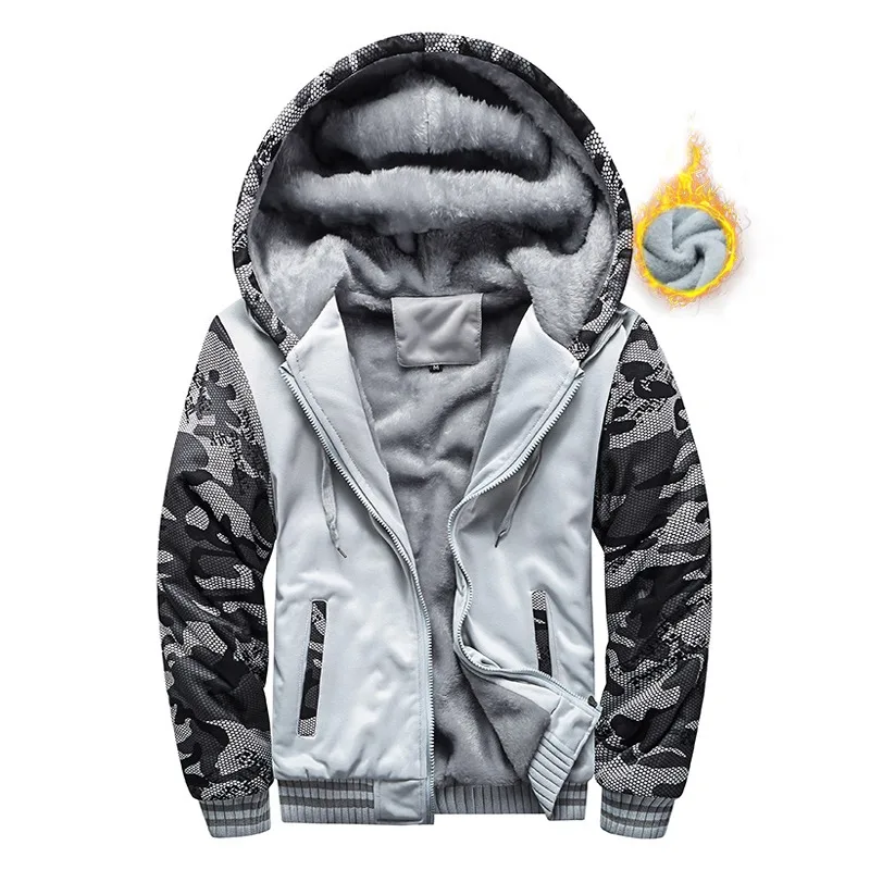 Men's Sweatshirt Hooded Autumn and Winter Baseball Loose Velvet Thickened Camouflage Zipper Pocket Contrast Printed Top