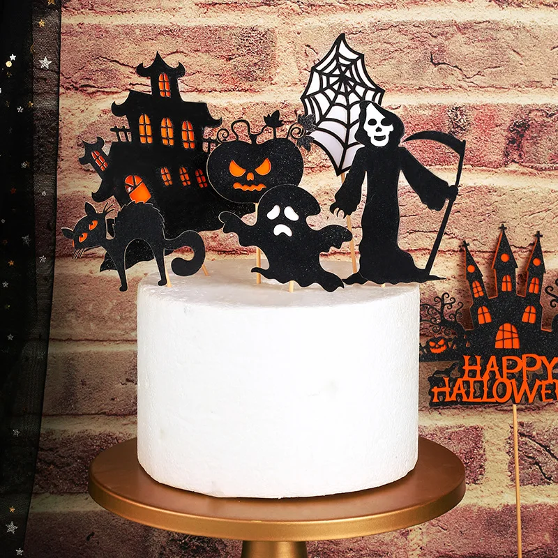 Castle Halloween Cake Decoration Spider Web Happy Halloween Party Cake Topper Cat Ghost Sickle Witch Dessert Pumpkin Sign DIY